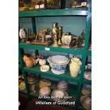 THREE SHELVES OF MAINLY PORCELAIN INCLUDING SOME BRASS ITEMS