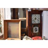 WALNUT CASED WALL CLOCK, THREE TELEPHONES, ETC