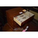 ART DECO MAHOGANY COLLECTORS CABINET OF FOUR DRAWERS, INCLUDING MOTHS AND BUTTERFLIES, 37CM
