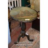 VICTORIAN TILT TOP OCCASIONAL TABLE WITH PAINTED FIGURES IN A LANDSCAPES ON TRIPOD SUPPORT, 66CM X