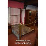 1920'S BRASS DOUBLE BED, HEADBOARD WITH SIDE CURTAINS, TO FIT FIVE FOOT MATTRESS (1559