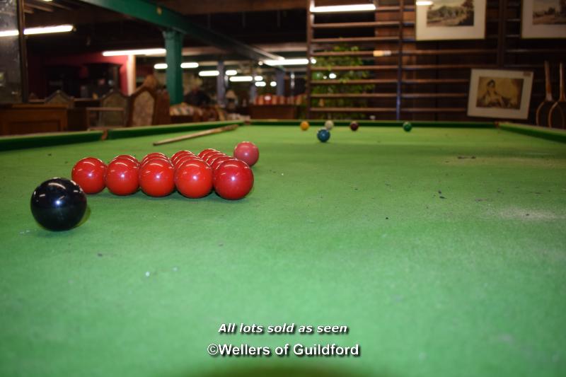 FULL SIZE SLATE BED MAHOGANY BILLIARDS TABLE BY COX & YEMAN, WITH SET OF BILLIARD BALLS, CUES, - Image 6 of 11