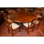 REPRODUCTION MAHOGANY CIRCULAR DINING TABLE RAISED ON CENTRE PEDESTAL SUPPORT ENDING IN QUADRAPED