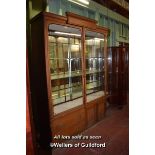 VINTAGE MAHOGANY SHOP DISPLAY CABINET WITH BOWED GLASS END, GLASS SHLEVING AND DRAWERS AND CUPBOARDS
