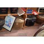 BLACK LEATHER HAT BOX; BROWN LEATHER HAT BOX; TWO TIN HAT BOXES; FRAMED ADVERT FOR PARKINSON'S