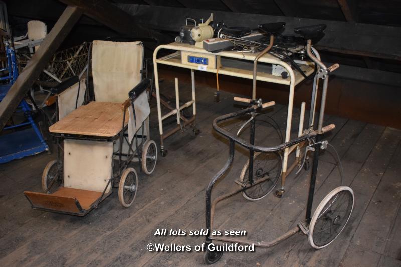 QUANTITY OF VINTAGE MEDICAL RELATED ITEMS INCLUDING WALKING FRAME AND A WHEEL CHAIR