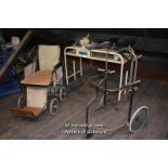 QUANTITY OF VINTAGE MEDICAL RELATED ITEMS INCLUDING WALKING FRAME AND A WHEEL CHAIR
