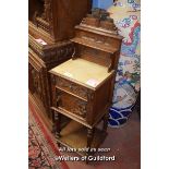 19TH CENTURY OAK BEDSIDE TABLE, THE SUPERSTRUCTURE CARVED WITH A TREE, INSET MARBLE TOP WITH