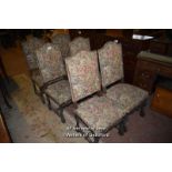 SET OF SIX UPHOLSTERED DINING CHAIRS ON STRETCHERED SUPPORTS