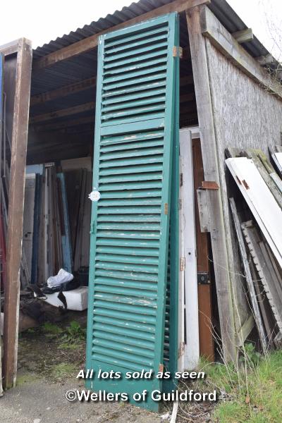 PAIR OF LARGE GREEN LOUVRE DOORS, TOTAL SPAN 137CM X 285CM HIGH