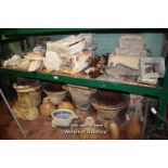 TWO SHELVES OF MIXED STONE, ALABASTER AND SALT GLAZED ITEMS ETC