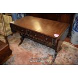 REGENCY CROSSBANDED ROSEWOOD SOFA TABLE WITH TWO FRIEZE DRAWERS ON TRESTLE END SUPPORTS, 179CM WIDE