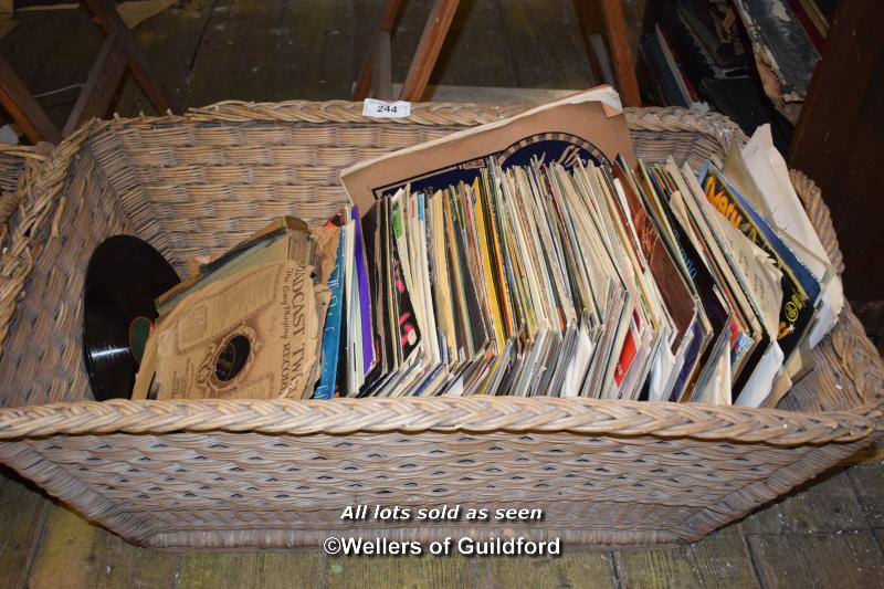 LARGE BASKET OF MIXED VINTAGE VINYL RECORDS OF DIFFERENT GENRES