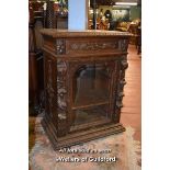 VICTORIAN CARVED OAK CABINET WITH SINGLE DRAWER OVER GLAZED CUPBOARD DRAWER, 95CM X 69CM X 45CM (