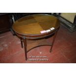 EDWARDIAN OVAL MAHOGANY CENTRE TABLE WITH QUARTERED TOP, TAPERING SQUARE LEGS UNITED BY AN UNDERTIER