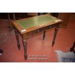 SMALL EDWARDIAN MAHOGANY WRITING TABLE WITH GREEN LEATHER TOP AND SINGLE FRIEZE DRAWER, 91CM X 46CM