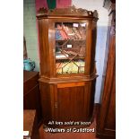 MAHOGANY AND PINE STANDING CORNER CABINET, GLAZED TOP SECTION OVER PANELLED DOOR, 200CM TALL