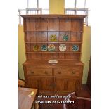 VICTORIAN PINE DRESSER WITH OPEN SHELVES OVER TWO DEEP DRAWERS WITH CUPBOARDS BELOW, 220CM X