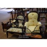 GROUP OF DOLL SIZED FURNITURE COMPRISING TWO ARMCHAIRS, SOFA, CONVERSATION SETTEE, CANOPY BED