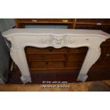 PAINTED PINE FIRE SURROUND WITH CANTHUS LEAF SHELL CENTAL PLAQUE, 156CM X 21CM X 120CM (1986)