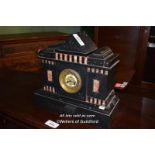 VICTORIAN BLACK SLATE MANTEL CLOCK IN SET WITH PINK MARBLE, TWO TRAIN MOVEMENT, BRASS CHAPTER RING