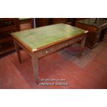 1920S MAHOGANY WRITING TABLE WITH INSET GREEN LEATHER TOP, THREE FRIEZE DRAWERS, TAPERING SQUARE