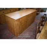 LARGE PINE SHOP COUNTER WITH DRAWERS AND CUPBOARDS TO ONE SIDE AND CUPBOARDS TO THE OTHER, 93CM X