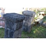 PAIR OF THREE TIER STONE COLUMNS WITH TOPS