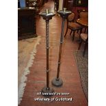 PAIR OF VICTORIAN OAK AND BRASS CANDLE STANDS WITH WRYTHEN FLUTED DECORATION, 128CM