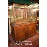 LARGE PAIR OF EARLY 20TH CENTURY BRASS FRAMED DISPLAY CASES WITH ALL ROUND GLAZED PANELS, RAISED
