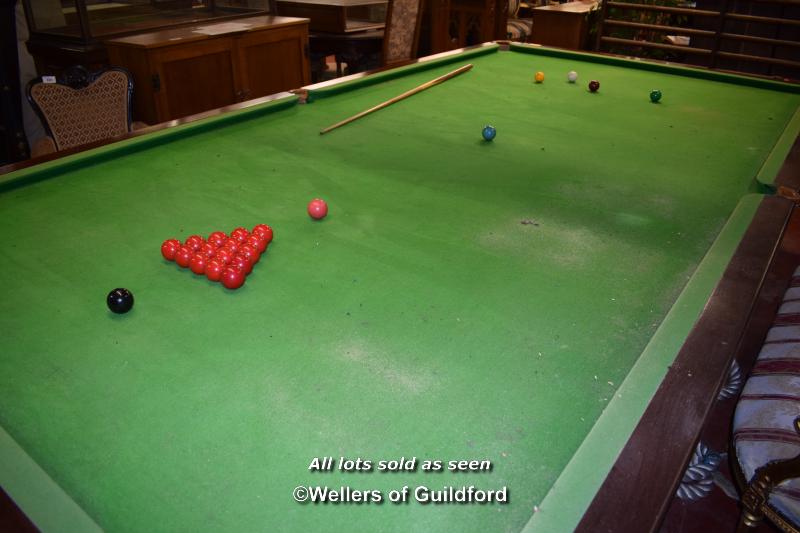 FULL SIZE SLATE BED MAHOGANY BILLIARDS TABLE BY COX & YEMAN, WITH SET OF BILLIARD BALLS, CUES, - Image 7 of 11