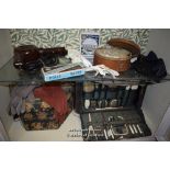 LADY'S VANITY CASE FITTED WITH BOTTLES, GLOVE STRETCHERS, MANICURE KIT, ETC; LEATHER COLLAR BOX;