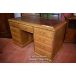 LATE VICTORIAN OAK PEDESTAL DESK WITH INSET TOOLED RED LEATHER TOP, 140CM WIDE