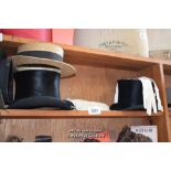 TWO BLACK SILK TOP HATS; GREEN MORTAR BOARD; STRAW HAT; VARIOUS PAIRS OF GLOVES