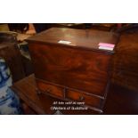 VICTORIAN MAHOGANY SMALL BOX WITH LIFTING LID AND TWO DRAWERS TO THE BASE, 43CM X 52CM X 33CM (