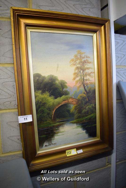 *FRAMED OIL ON BOARD DEPICTING MAN ON BRIDGE, SIGNED MARTIN HARRIS AND ONE OTHER FRAMED PICTURE