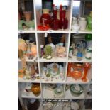 *FIVE SMALL SHELVES OF MIXED GLASSWARE AND PORCELAIN WARES