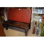 *OAK PUB BENCH WITH UNASSOCIATED RED CUSHIONED SEAT
