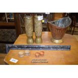 *THREE MIXED ITEMS INCLUDING A DECO COAL BUCKET AND TWO TRENCH ART SHELLS