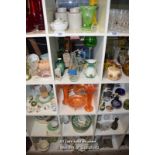 *FIVE SMALL SHELVES OF MIXED GLASSWARE AND PORCELAIN WARES