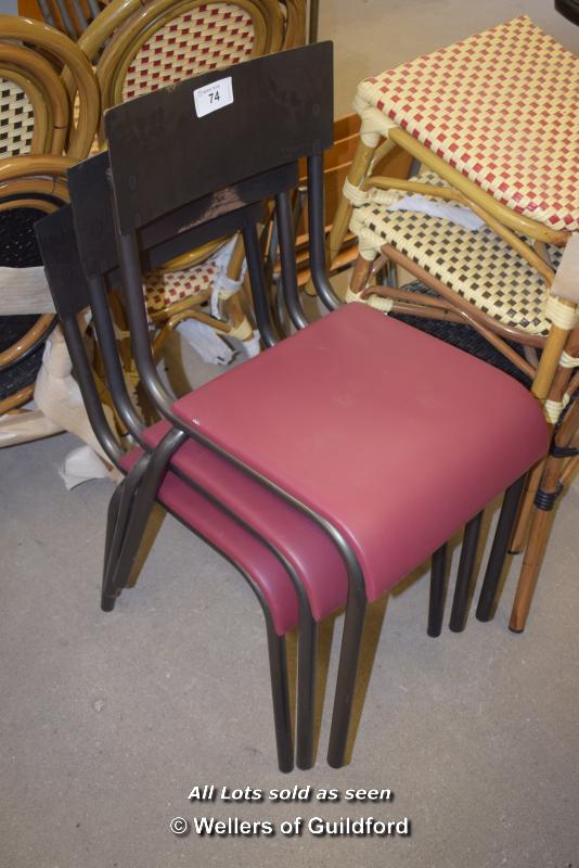 *THREE METAL CHAIRS WITH RED PADDED SEATS