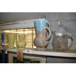 *SHELF OF GLASSWARE, PORCELAIN WARE INCLUDING FOUR JUGS