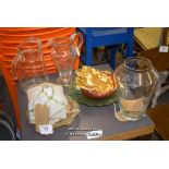 *MIXED GLASSWARE INCLUDING TWO JUGS AND A VASE