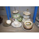 *SHELF OF PORCELAIN WARE AND COLLECTABLES INCUDING TWO CAKE STANDS