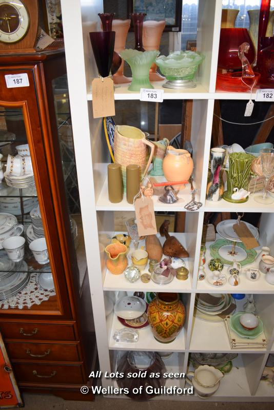 *FIVE SMALL SHELVES OF MIXED GLASSWARE AND PORCELAIN WARES