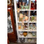 *FIVE SMALL SHELVES OF MIXED GLASSWARE AND PORCELAIN WARES