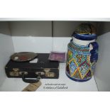 *SHELF OF MIXED ITEMS INCLUDING PORCELAIN WARE AND A CASED CLARINET ETC