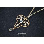 *9ct gold antique lavalier pendant and chain pale blue stones and seed pearls (Lot subject to VAT)