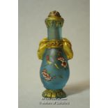 A Chinese blue glass snuff bottle with twin gilt handles.