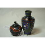 Chinese cloisonee baluster vase, 10cm; similar small pot and cover. (2)